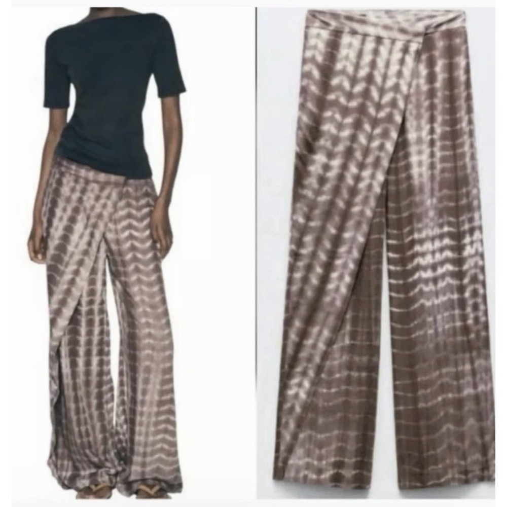 NWT Zara XL Tie-Dye Wrap Front Trousers Brown Linen Blend Pants Wide Leg